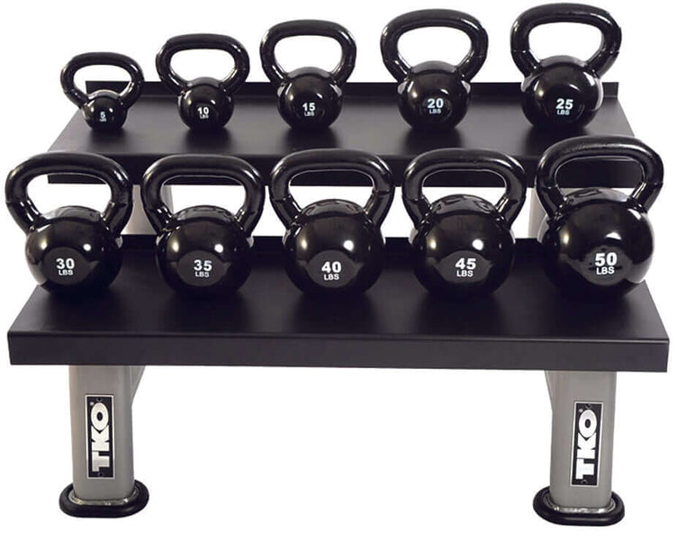 TKO 5-50 lb Vinyl Coated Kettlebell Set w/ 2-Tier Rack