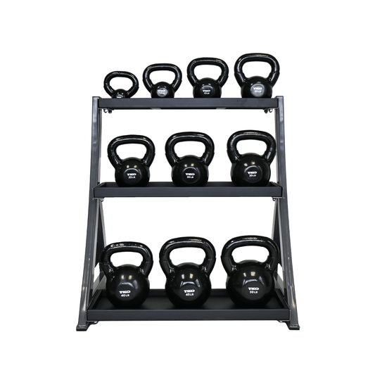 TKO 5-50 lb Vinyl Coated Kettlebell Set w/ 3-Tier Rack