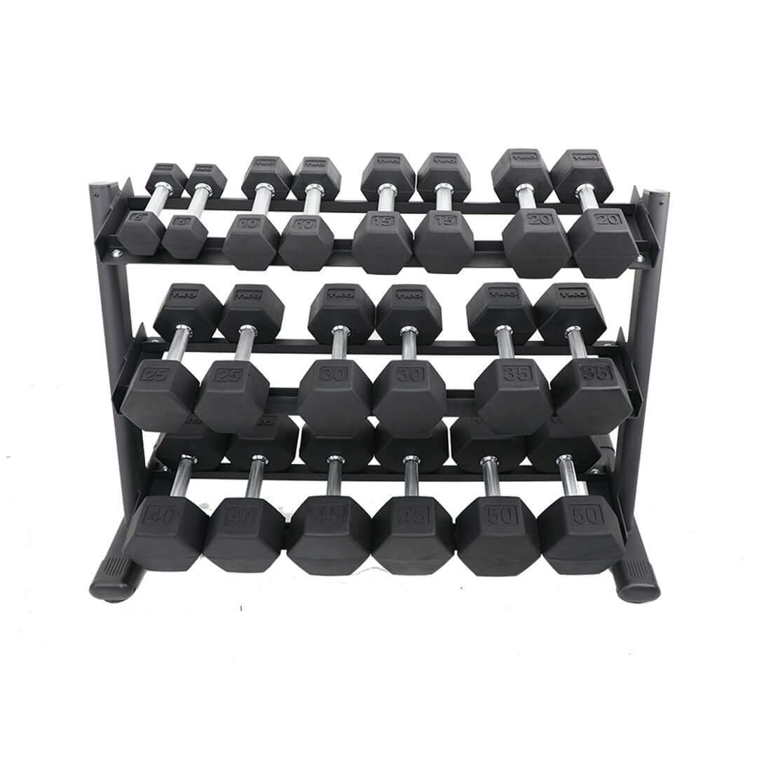 TKO Rubber Hex Tri-Grip Dumbbell Set w/ Assorted Rack Options (5-100 lb)