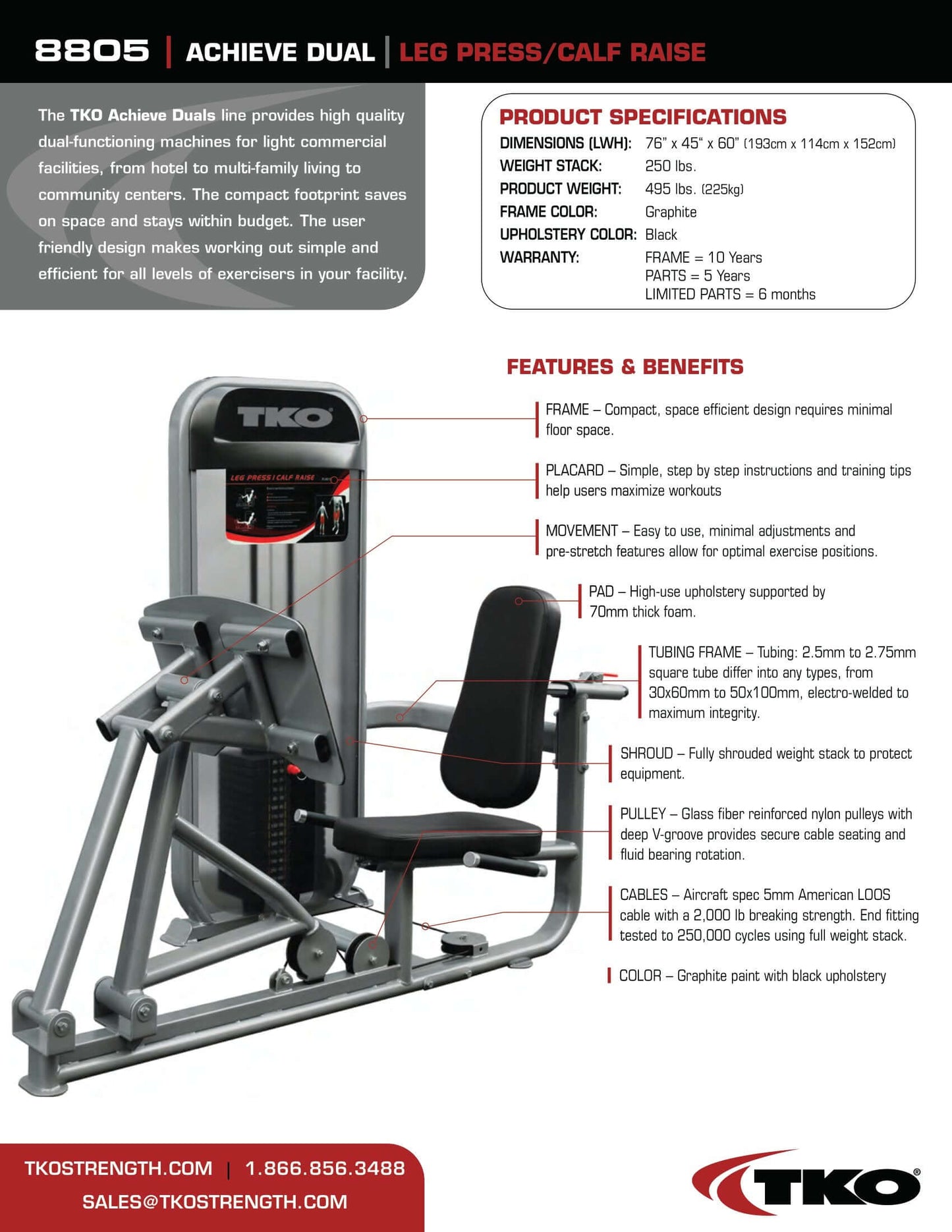 TKO Achieve Dual Leg Press / Calf Raise Machine 250 lb Weight Stack