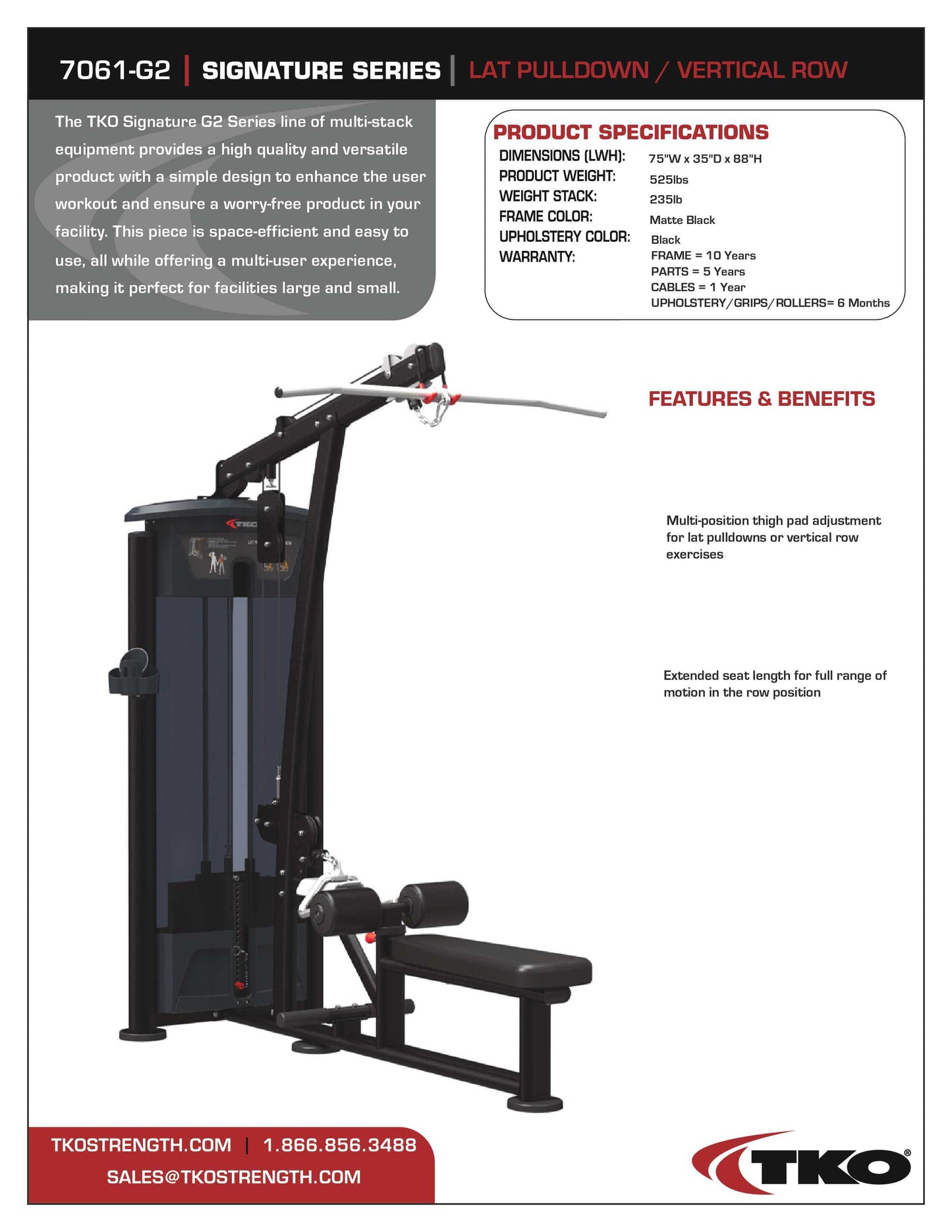 TKO Signature Lat Pulldown / Vertical Row Machine 235 lb Weight Stack